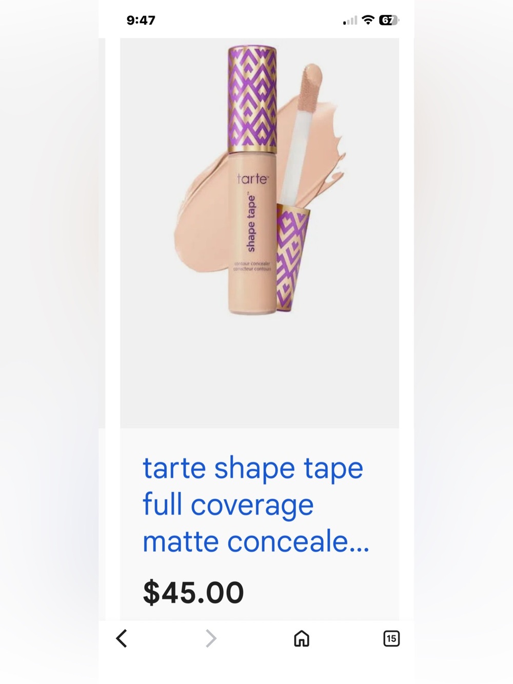 tarte concealer with purple and gold patterned cap, light beige shade